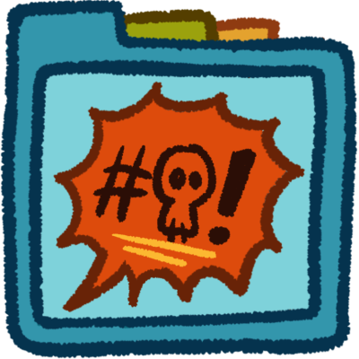 a spiky orange speech bubble with an underlined hashtag, skull, and exclamation mark. It's inside a teal folder that has green and orange folder tabs behind it.